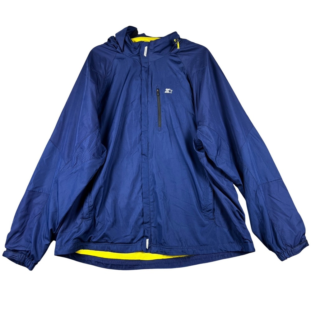 Vintage Starter Mens Blue Yellow Full Zip Hooded Lightweight Jacket Size 2XL 90s